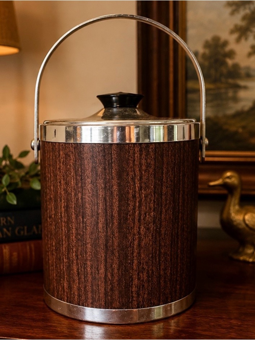Vintage Mid Century Faux Woodgrain Ice Bucket with Chrome Handle & Lid Barware